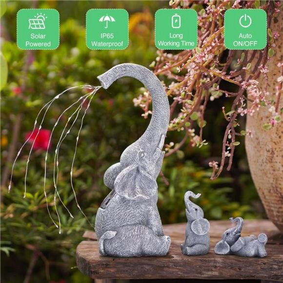 Garden Elephant Statue Outdoor - Elephant Gifts with Solar Watering Lights - Picture 5 of 8